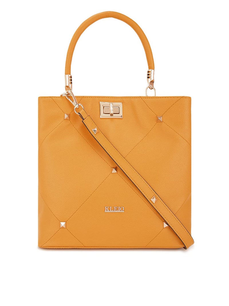 KLEIO Gold Studded Top Handle Handbag for Women - Mustard - Image 4